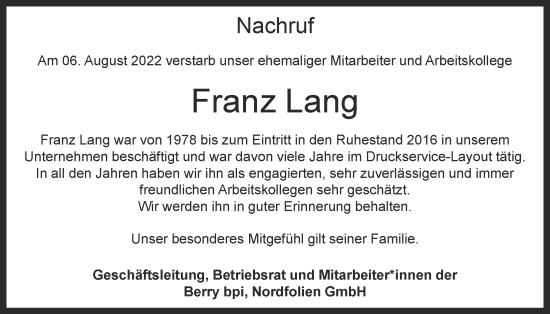 Anzeige von Franz Lang von OM-Medien