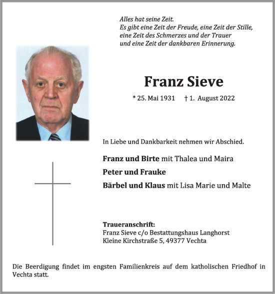 Anzeige von Franz Sieve von OM-Medien