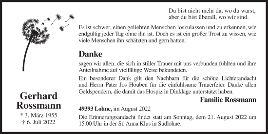 Anzeige von Gerhard Rossmann von OM-Medien