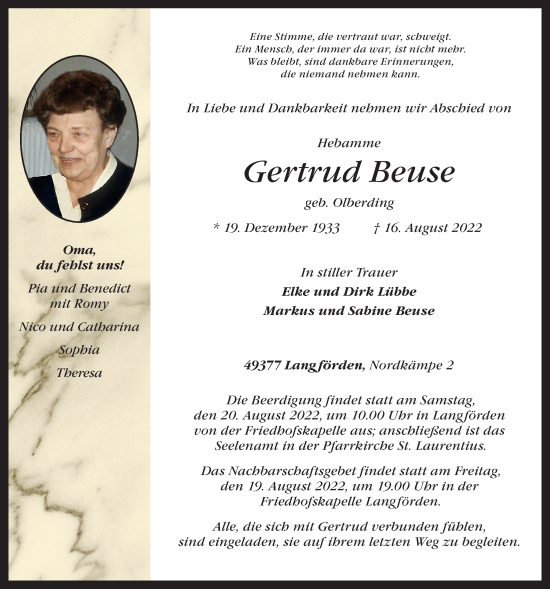 Anzeige von Gertrud Beuse von OM-Medien