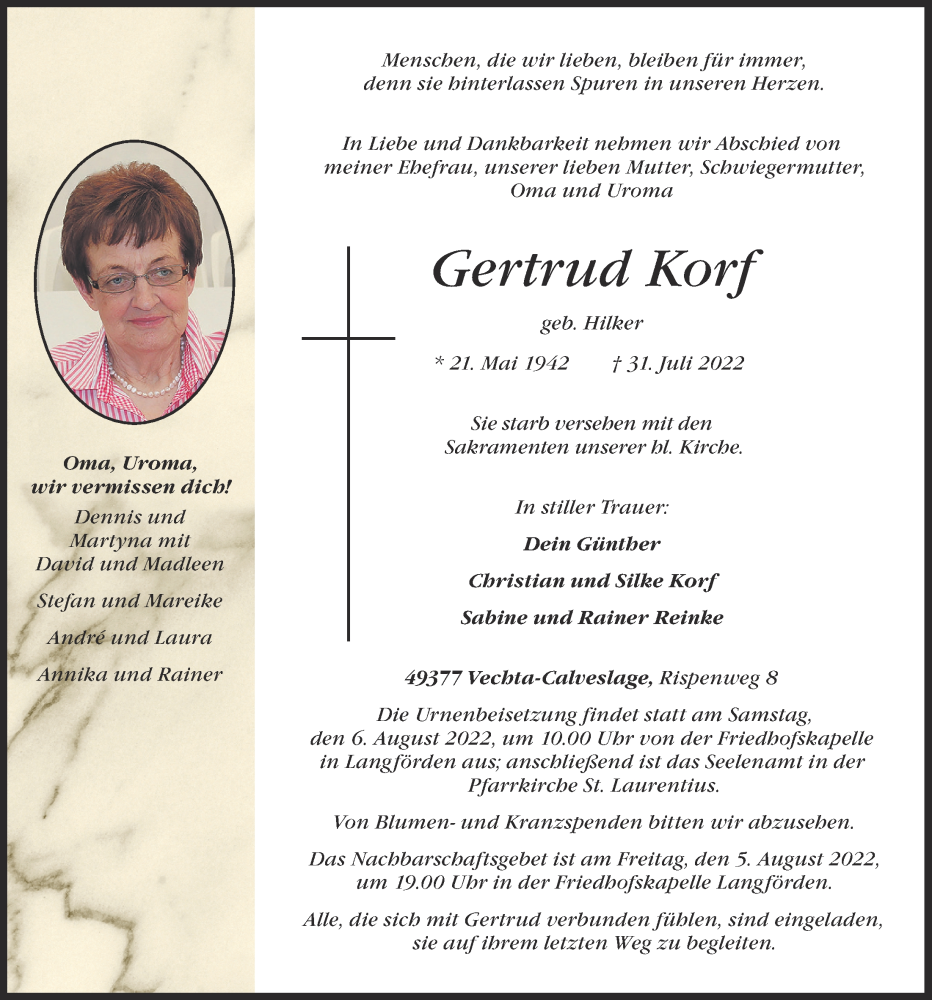  Traueranzeige für Gertrud Korf vom 03.08.2022 aus OM-Medien