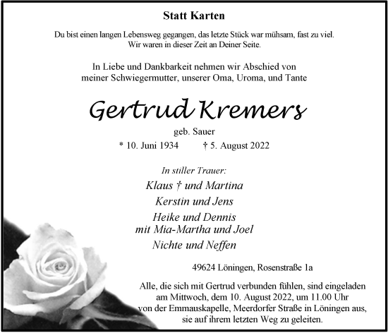 Anzeige von Gertrud Kremers von OM-Medien