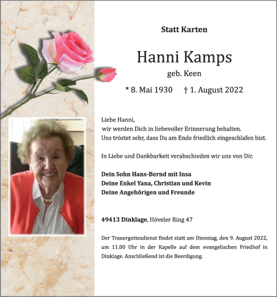 Anzeige von Hanni Kamps von OM-Medien