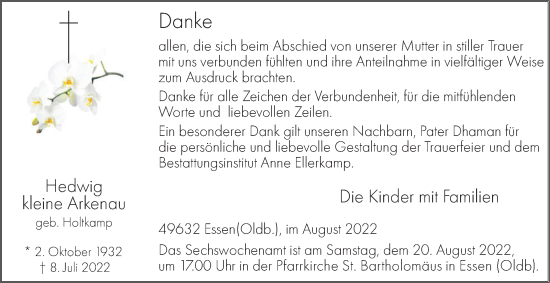 Anzeige von Hedwig kleine Arkenau von OM-Medien