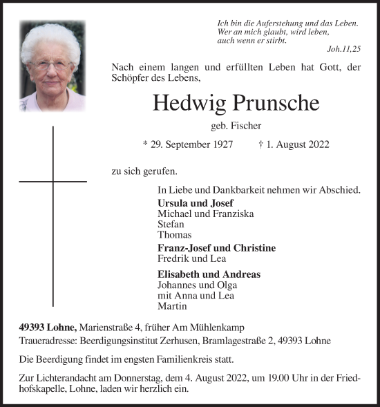 Anzeige von Hedwig Prunsche von OM-Medien
