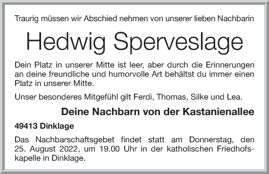 Anzeige von Hedwig Sperveslage von OM-Medien