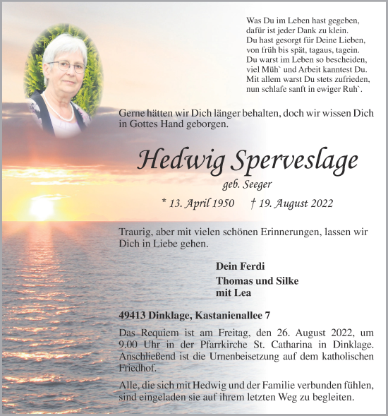 Anzeige von Hedwig Sperveslage von OM-Medien