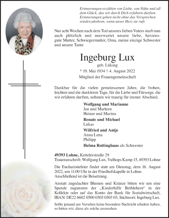 Anzeige von Ingeburg Lux von OM-Medien