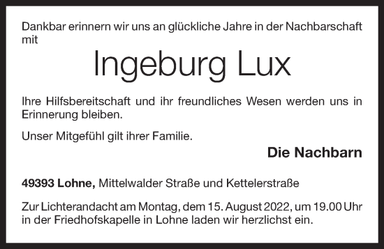 Anzeige von Ingeburg Lux von OM-Medien