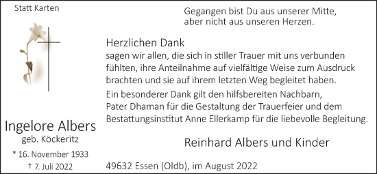 Anzeige von Ingelore Albers von OM-Medien