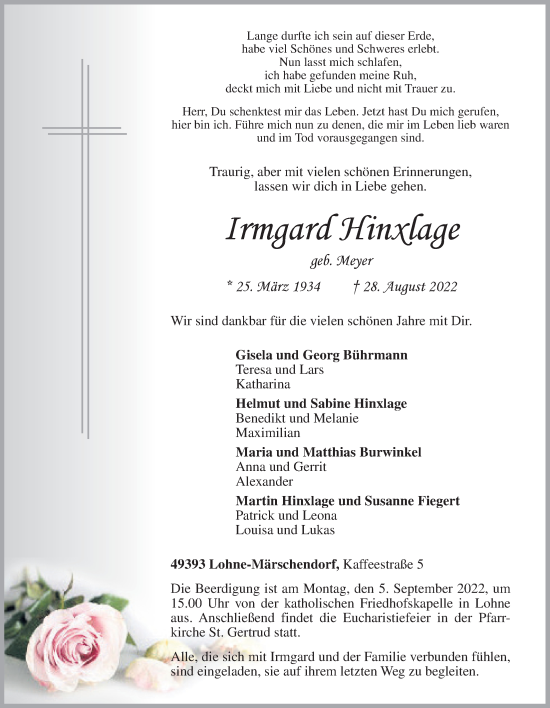 Anzeige von Irmgard Hinxlage von OM-Medien