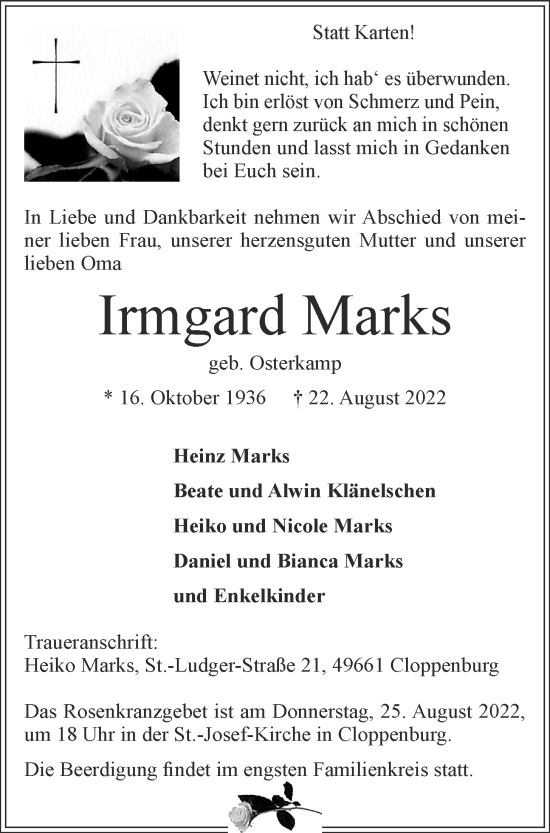 Anzeige von Irmgard Marks von OM-Medien