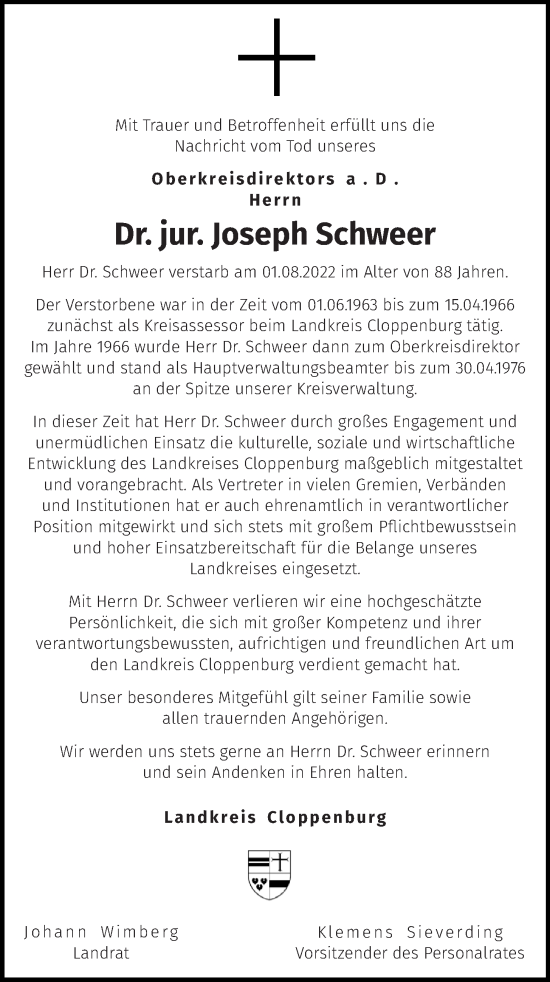 Anzeige von Joseph Schweer von OM-Medien