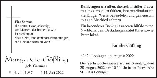 Anzeige von Margarete Gößling von OM-Medien