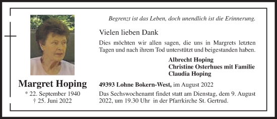 Anzeige von Margret Hoping von OM-Medien