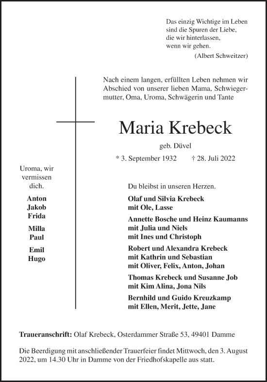 Anzeige von Maria Krebeck von OM-Medien