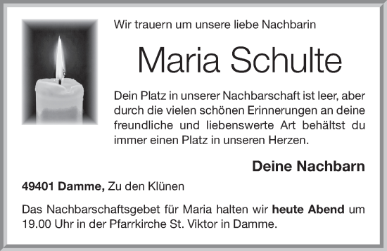 Anzeige von Maria Schulte von OM-Medien
