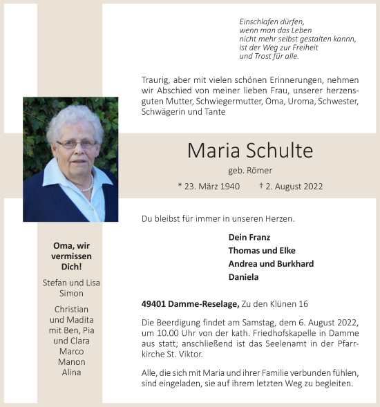 Anzeige von Maria Schulte von OM-Medien