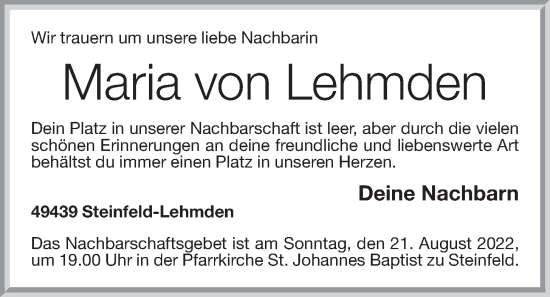 Anzeige von Maria von Lehmden von OM-Medien
