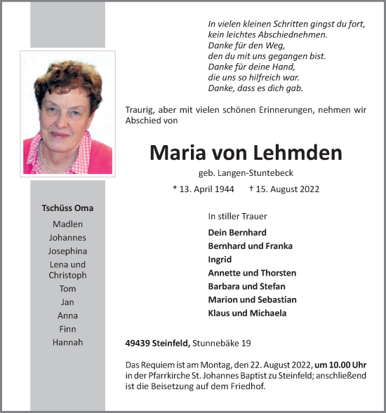 Anzeige von Maria von Lehmden von OM-Medien