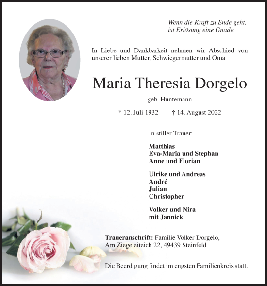 Anzeige von Maria Theresia Dorgelo von OM-Medien