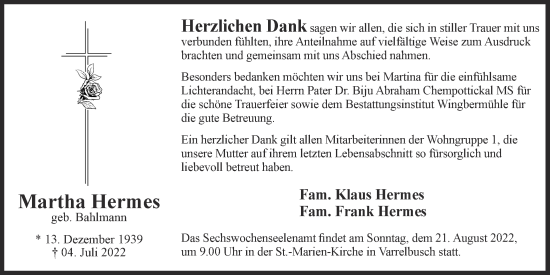Anzeige von Martha Hermes Bahlmann von OM-Medien
