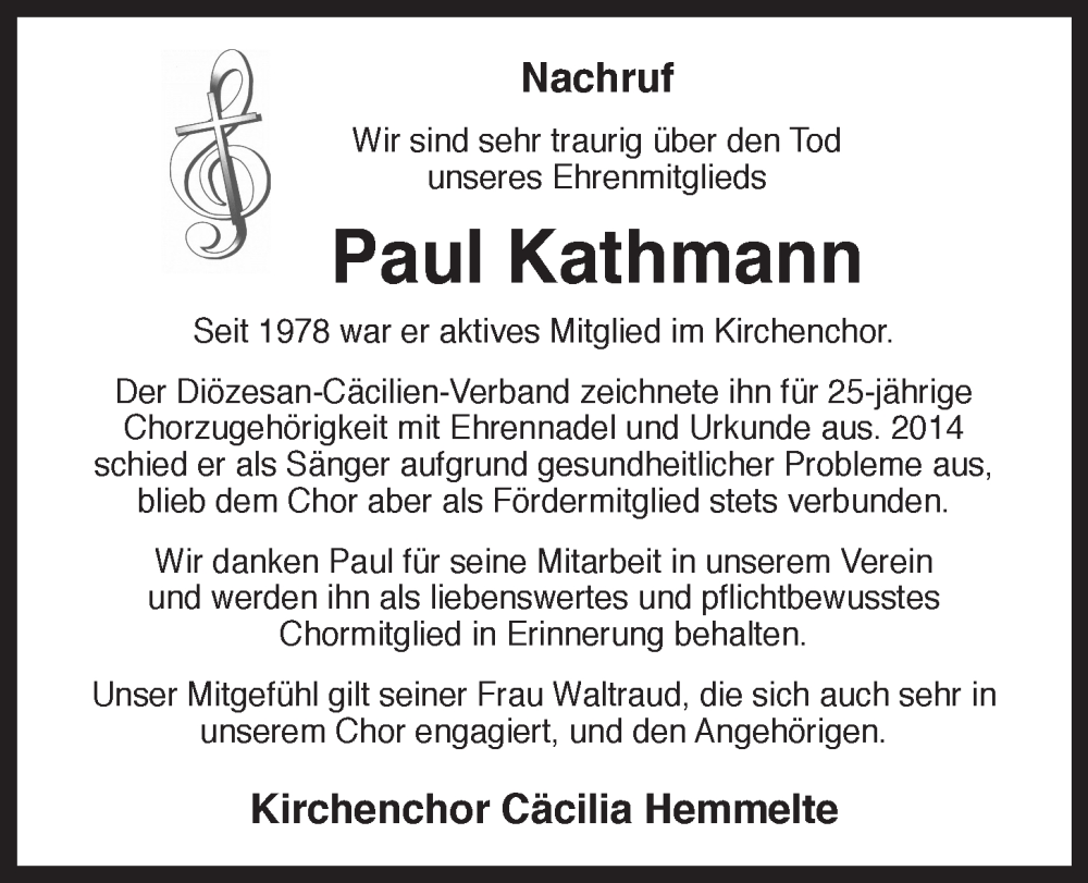  Traueranzeige für Paul Kathmann vom 24.08.2022 aus OM-Medien