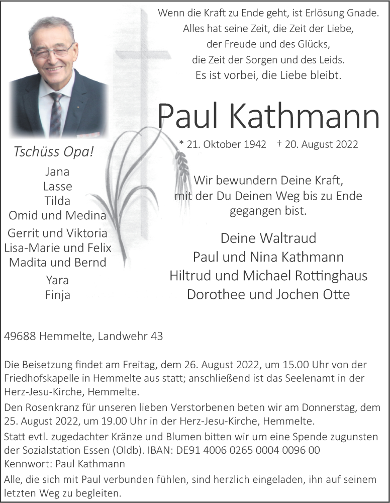  Traueranzeige für Paul Kathmann vom 23.08.2022 aus OM-Medien