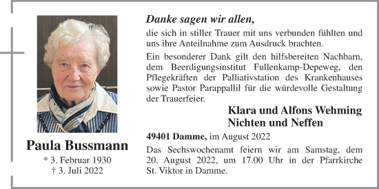 Anzeige von Paula Bussmann von OM-Medien