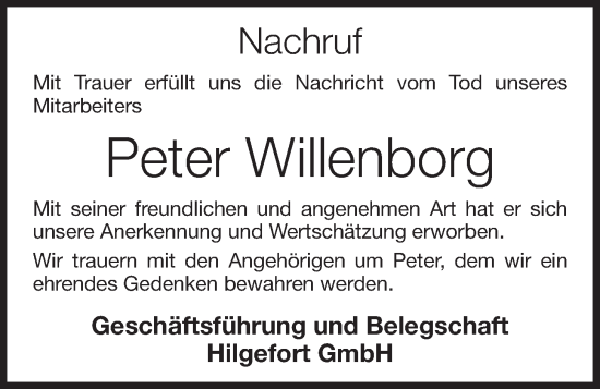 Anzeige von Peter Willenborg von OM-Medien