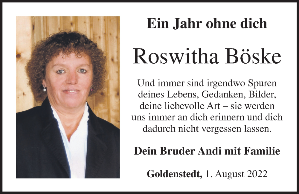  Traueranzeige für Roswitha Böske vom 01.08.2022 aus OM-Medien