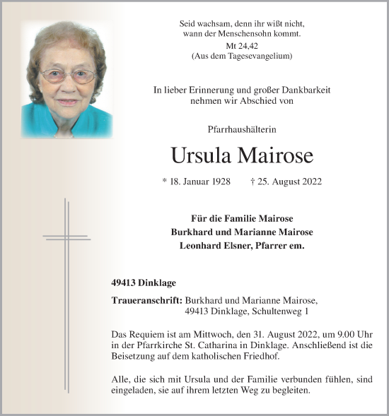 Anzeige von Ursula Mairose von OM-Medien