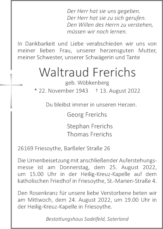 Anzeige von Waltraud Frerichs von OM-Medien