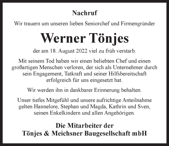 Anzeige von Werner Tönjes von OM-Medien