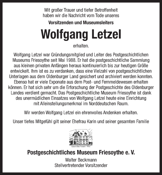 Anzeige von Wolfgang Letzel von OM-Medien