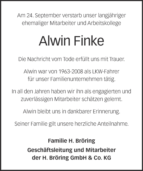 Anzeige von Alwin Finke von OM-Medien