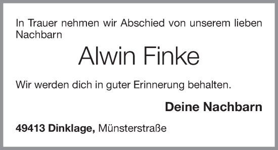 Anzeige von Alwin Finke von OM-Medien