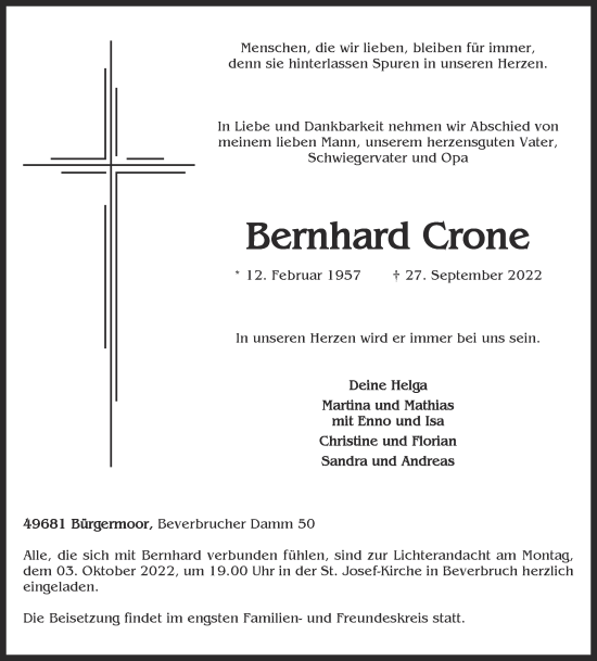 Anzeige von Bernhard Crone von Oldenburgische Volkszeitung