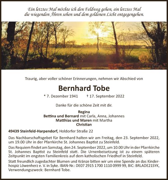 Anzeige von Bernhard Tobe von OM-Medien