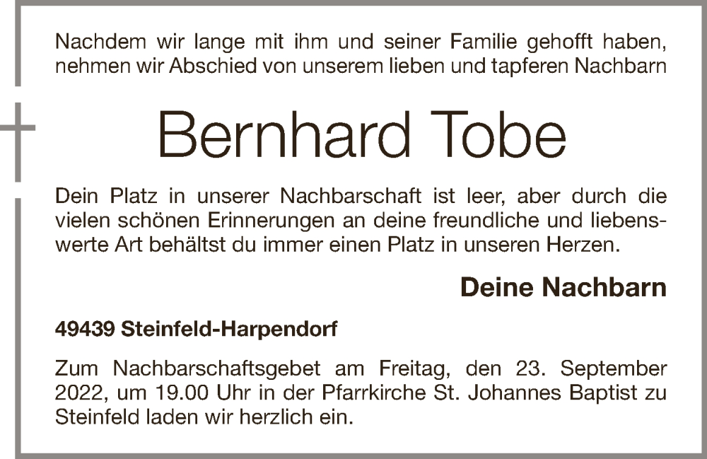  Traueranzeige für Bernhard Tobe vom 22.09.2022 aus Oldenburgische Volkszeitung