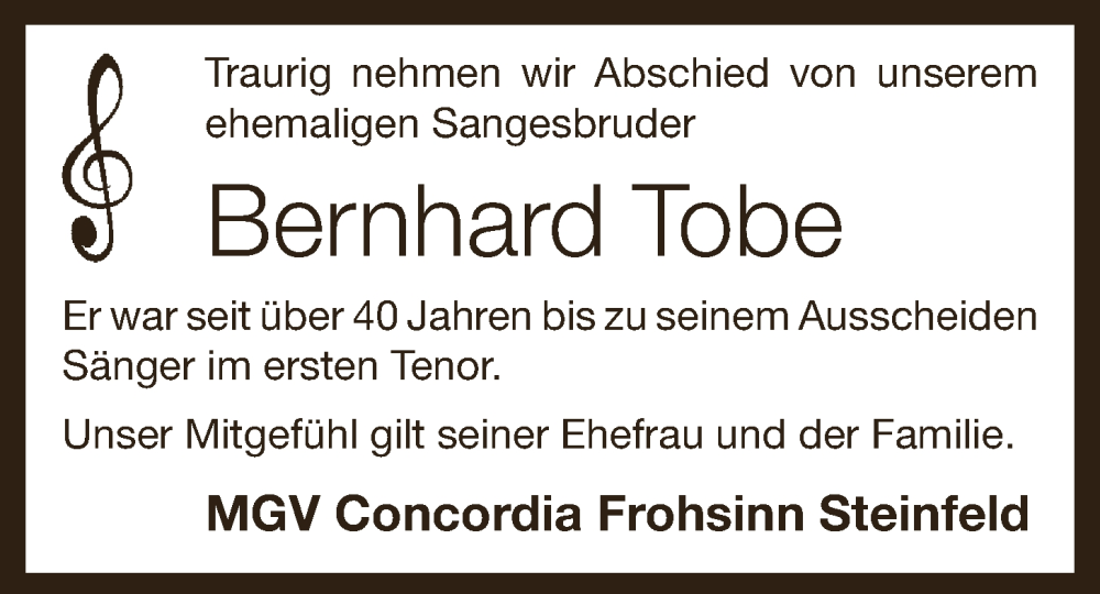  Traueranzeige für Bernhard Tobe vom 21.09.2022 aus Oldenburgische Volkszeitung