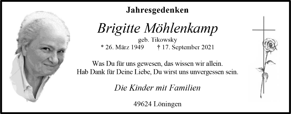  Traueranzeige für Brigitte Möhlenkamp vom 17.09.2022 aus Oldenburgische Volkszeitung