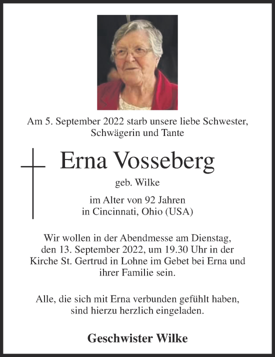 Anzeige von Erna Vosseberg von OM-Medien