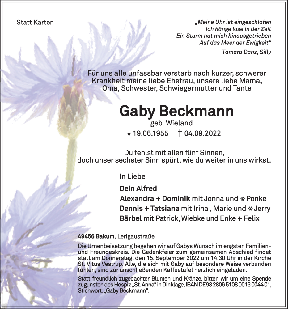  Traueranzeige für Gaby Beckmann vom 12.09.2022 aus OM-Medien