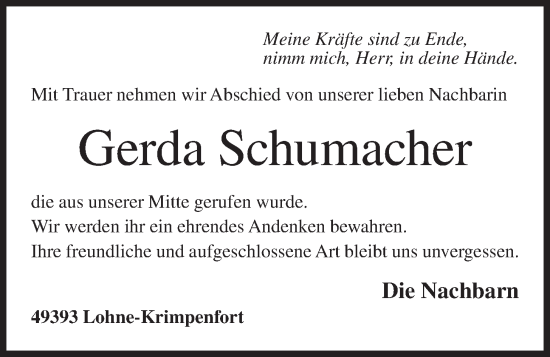 Anzeige von Gerda Schumacher von OM-Medien