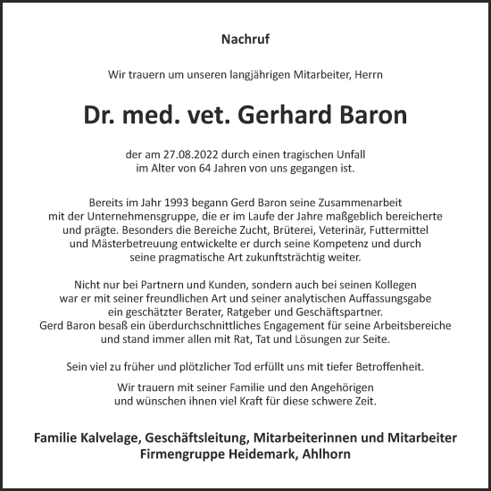 Anzeige von Gerhard Baron von OM-Medien