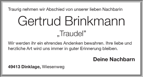 Anzeige von Gertrud Brinkmann von OM-Medien