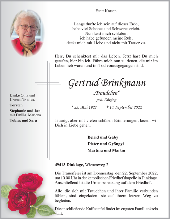 Anzeige von Gertrud Brinkmann von OM-Medien