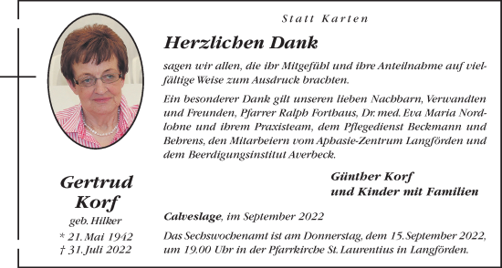 Anzeige von Gertrud Korf von OM-Medien