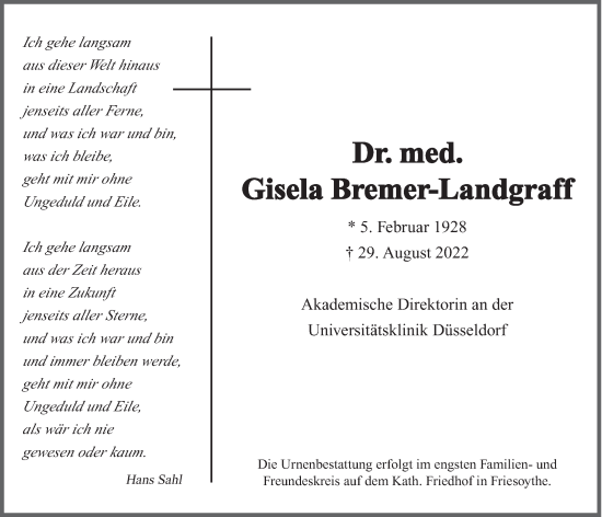Anzeige von Gisela Bremer-Landgraff von OM-Medien